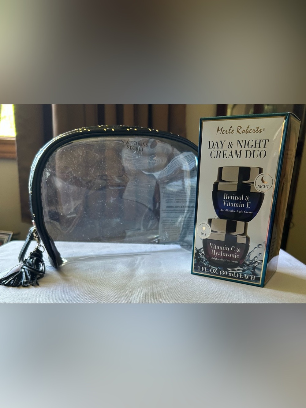 Victoria's Secret Clear Cosmetic Pouch & Merle Robert’s Day & Night Cream Duo
